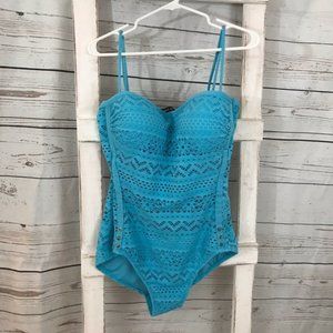 Lookbook Crochet Teal Blue One Piece Swim Suit